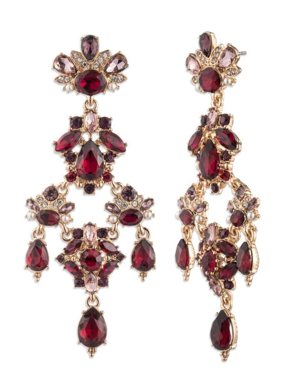 Marchesa Imitation Pearl Multi Stone Gold-Tone Red Drama Chandelier Earrings